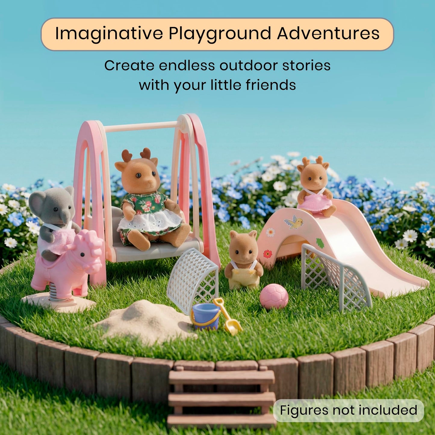 OLEOCA Family Dollhouse Accessories - Mini Playground Set with Swing & Slide, Rocking Horse, Soccer Goals, Screen-Free Add-On - Miniature Dollhouse