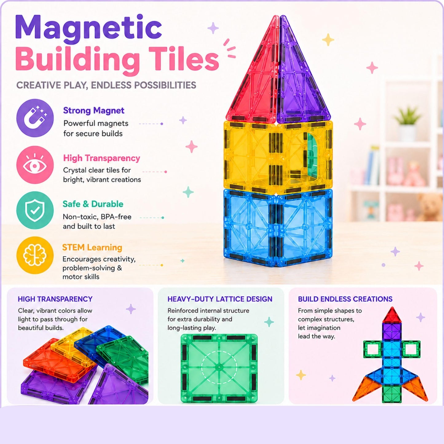 Mini Melow 100 Pcs Magnetic Tiles for Kids - 3D Magnet Tiles Building Toys with 2 Cars, Durable & Non Toxic Magnetic Building Blocks, STEM Toys