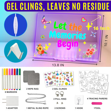 LED Drawing Board, 13.8"X10", Acrylic Note Board with Colors, Include Adapter, Acrylic Dry Erase Pad with Light 4 Modes & 7 Colors, 8 Markers, Stand