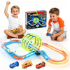 Glow Toy Car Race Track Set, 71 Pcs Glow-in-The-Dark Tracks for Kids Ages 3-8, Electric Speed Car Light-Up Whole Slot Track, Track-Building with 360°