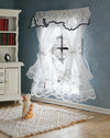 iLAND 1/12 Scale Accessories Miniature Dollhouse Curtains Delicate White Sheer Lace Curtains with Blue Trim 2PCS for Dollhouse Windows Furniture Cute