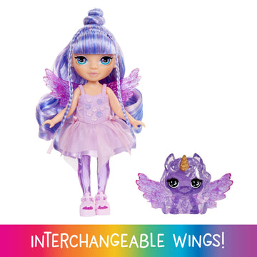 Rainbow High Littles Rainbow Fantasy Fairies + Pet - Amethyst, Purple 5.5" Posable Small Doll & Fantasy Pegasus Unicorn Pet with Interchangeable Fairy
