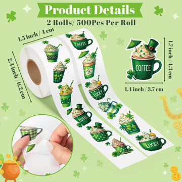 5wsech Green Coffee Roll Stickers - 1000 Lucky Clover Latte Vinyl Decals for Kids, Green Shamrock Coffee Stickers St Patrick's Day Gifts for Birthday