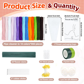 Ayuanb 900 PCS Pipe Cleaners Flowers Kit, Pipe Cleaners Craft with Handle, 14 Colors Chenille Stems with Floral Wires, Stamen, Wrapping Paper