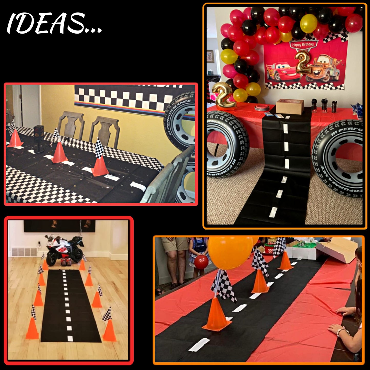 4E's Novelty 38 Pieces Set - 12 Traffic Cones With Hole on Top, 24 Checkered Flags, Racetrack Floor Runner - for For Race Car Birthday Party Supplies