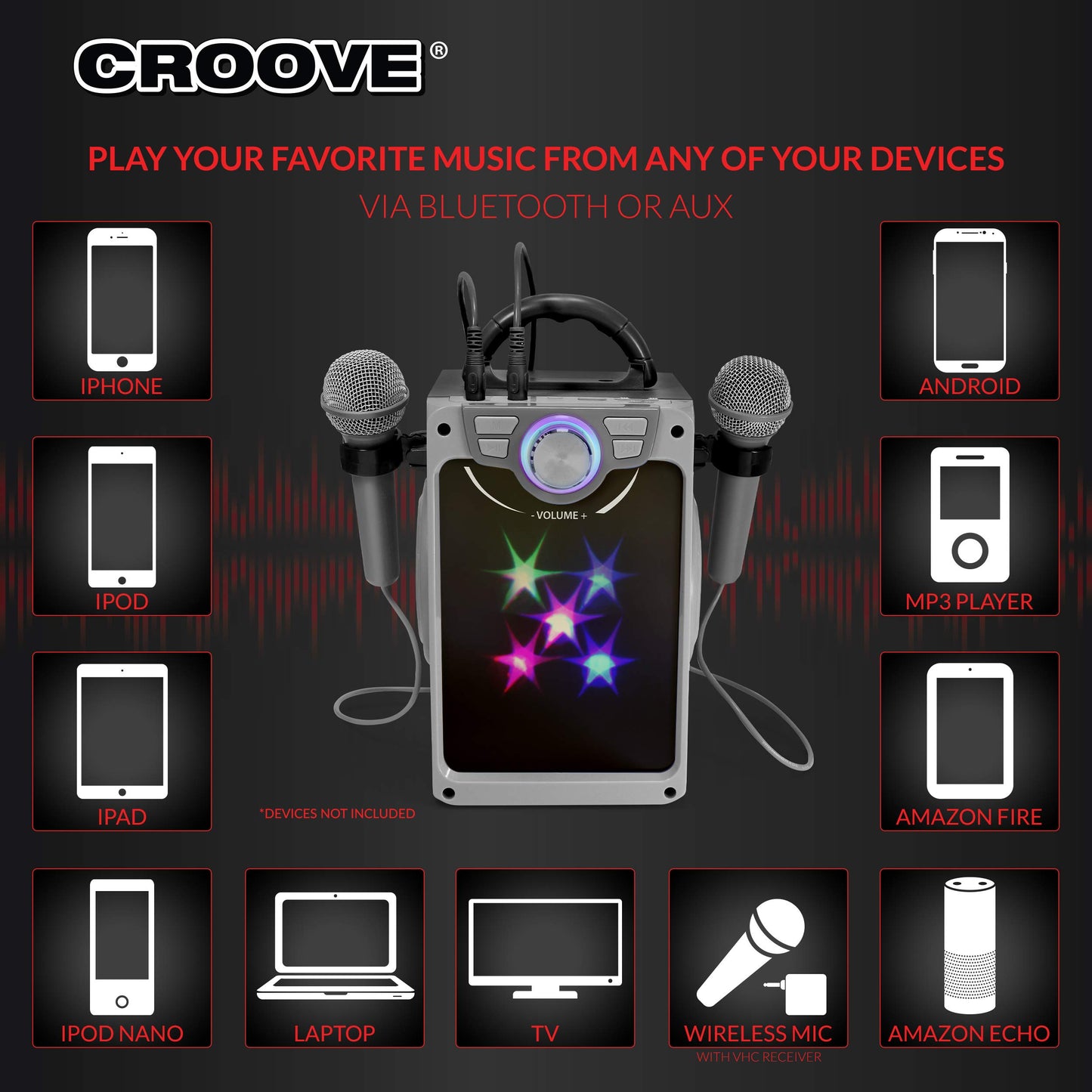 Croove Rechargeable Karaoke Machine For Kids - Incl. 2 Microphones with Flashing Disco Lights, Bluetooth, AUX & USB Ports Singing Machine for