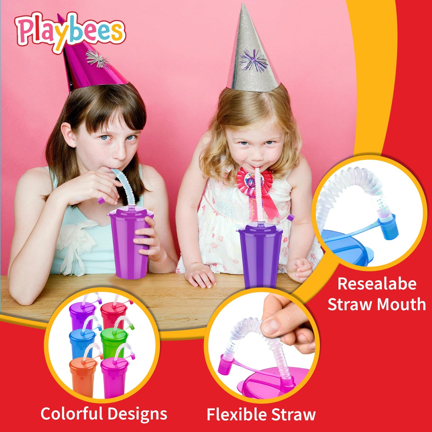 Playbees 12 Pack Neon Sipper Cups - 6 Oz. - Colorful, Spill-Proof Cups with Lids and Straws - Ideal for School Events, Themed Parties, and Birthday