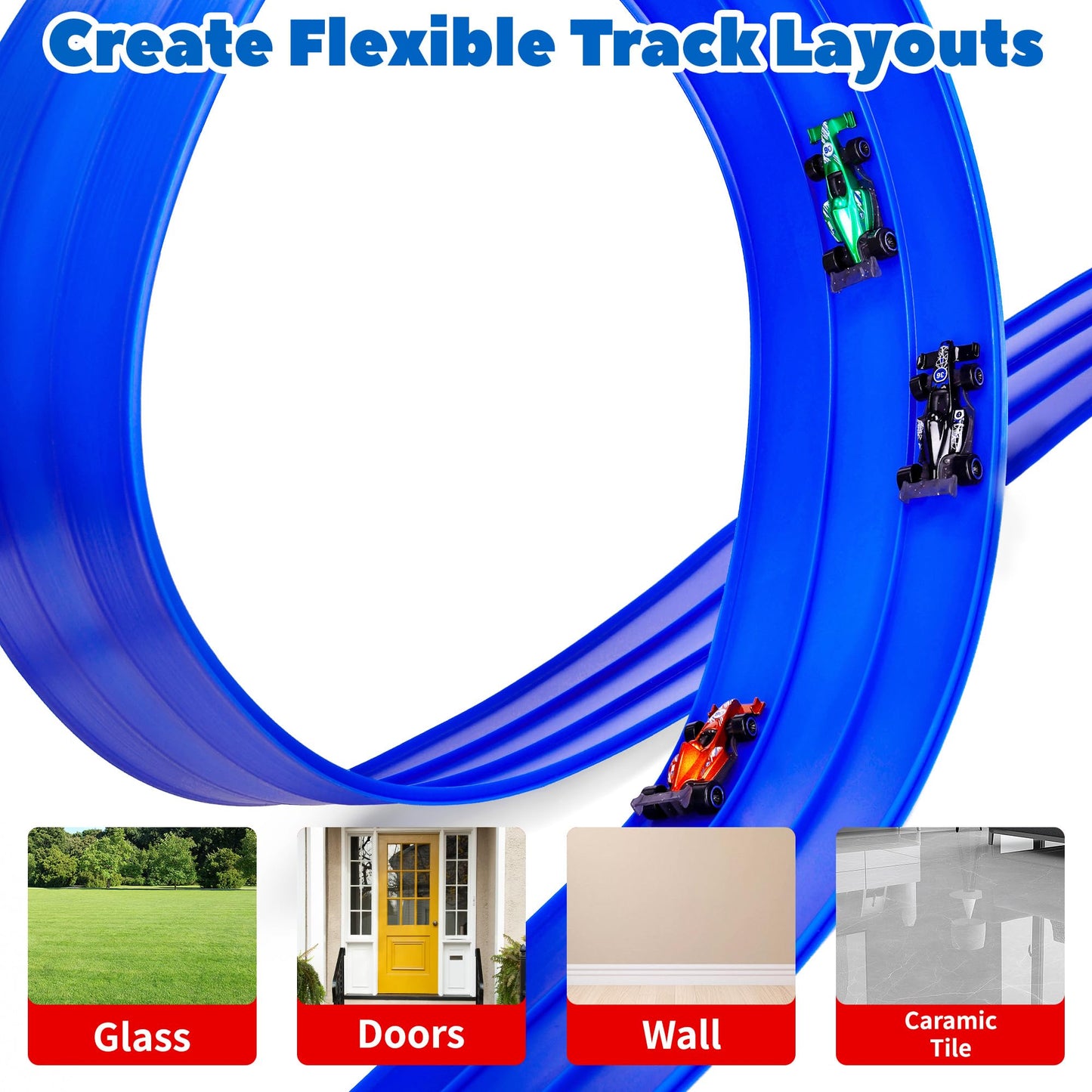 3-Lane Flexible Race Track for Kids with Suction Cups, Race Car Ramp Track & 15ft Race Car Track Compatible 1:64 Diecast Cars,Portable Roll Up Track