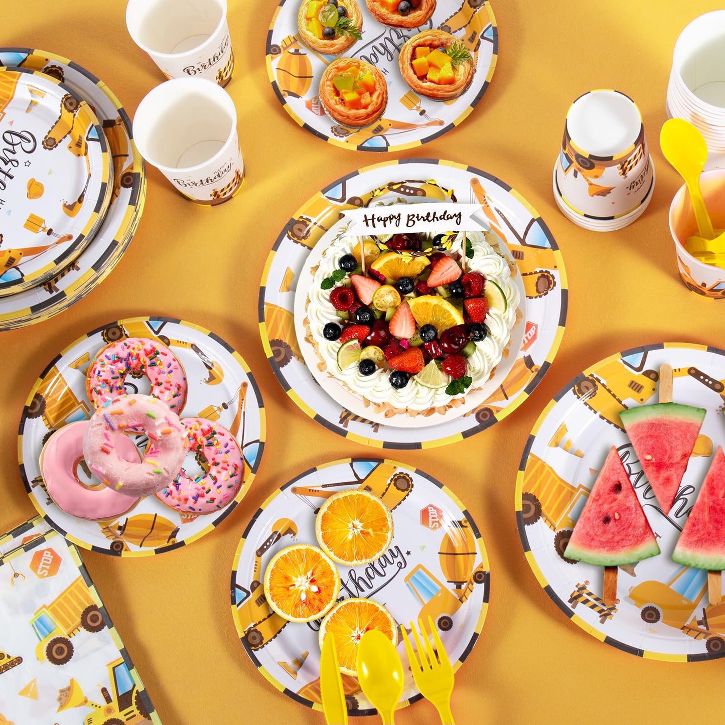 Cecnamt Construction Birthday Decorations, 170 Pcs Construction Birthday Party Supplies Including Banner, Plates, Cups, Napkins, Cutlery