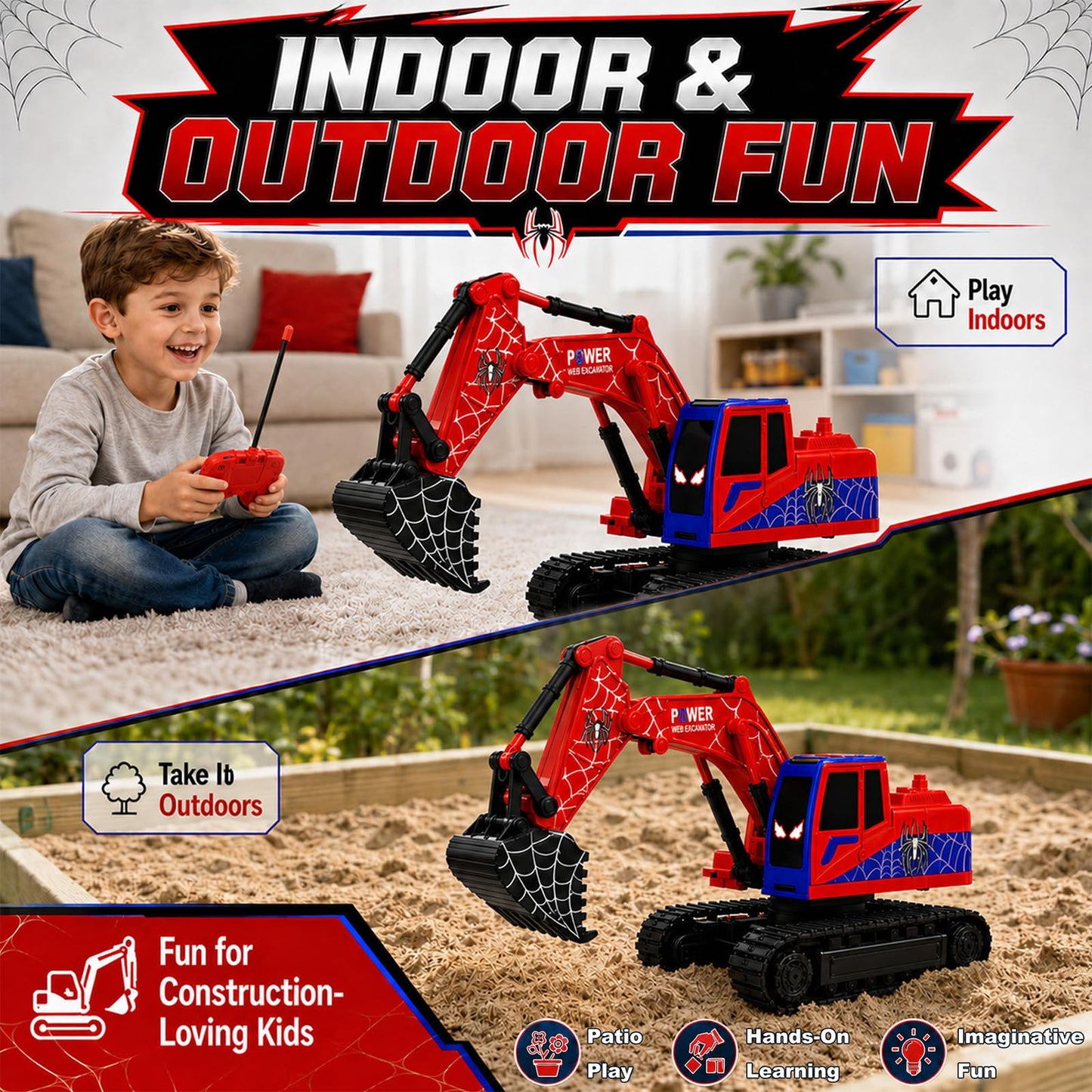 PixelWoW Remote Control Excavator for Kids, RC Construction Excavator with Movable Arm, 2 Rechargeable Batteries and Auto Demo Mode, Birthday Gifts