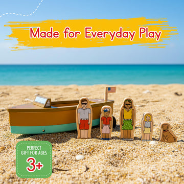 Jack Rabbit Creations 6-Piece Magnetic Lake Boat - Family of 4 & Dog Figures - FSC Wood, Non-Toxic - Wooden Boat Toy, Imaginative Play - Gift Boxed