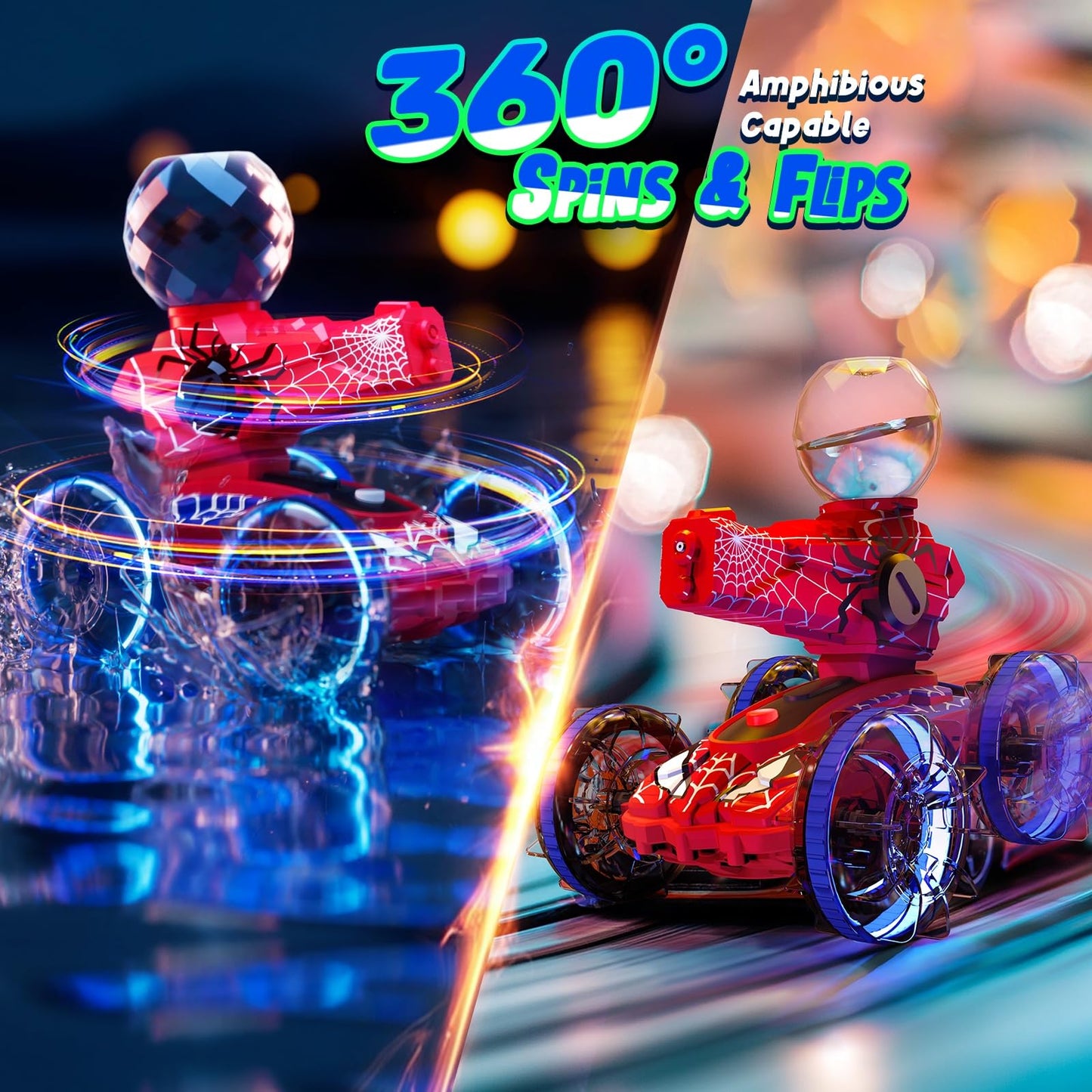 Spider Amphibious Remote Control Car for Boys Kids - 4WD Waterproof 2.4 GHz 360°Rotation RC Stunt Car - Water and Land Pool Toys Cars for 4 5 6 7 8 9