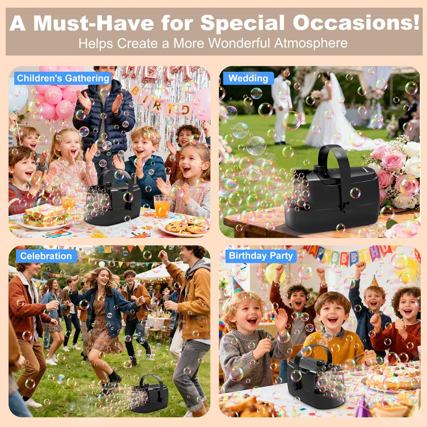 Zerhunt Durable Bubble Machine for Party: 3 Power Modes for Non-Stop Fun - 18000+ Bubbles Per Minute High Output 30 Mins Bubbles per Refill - Kids