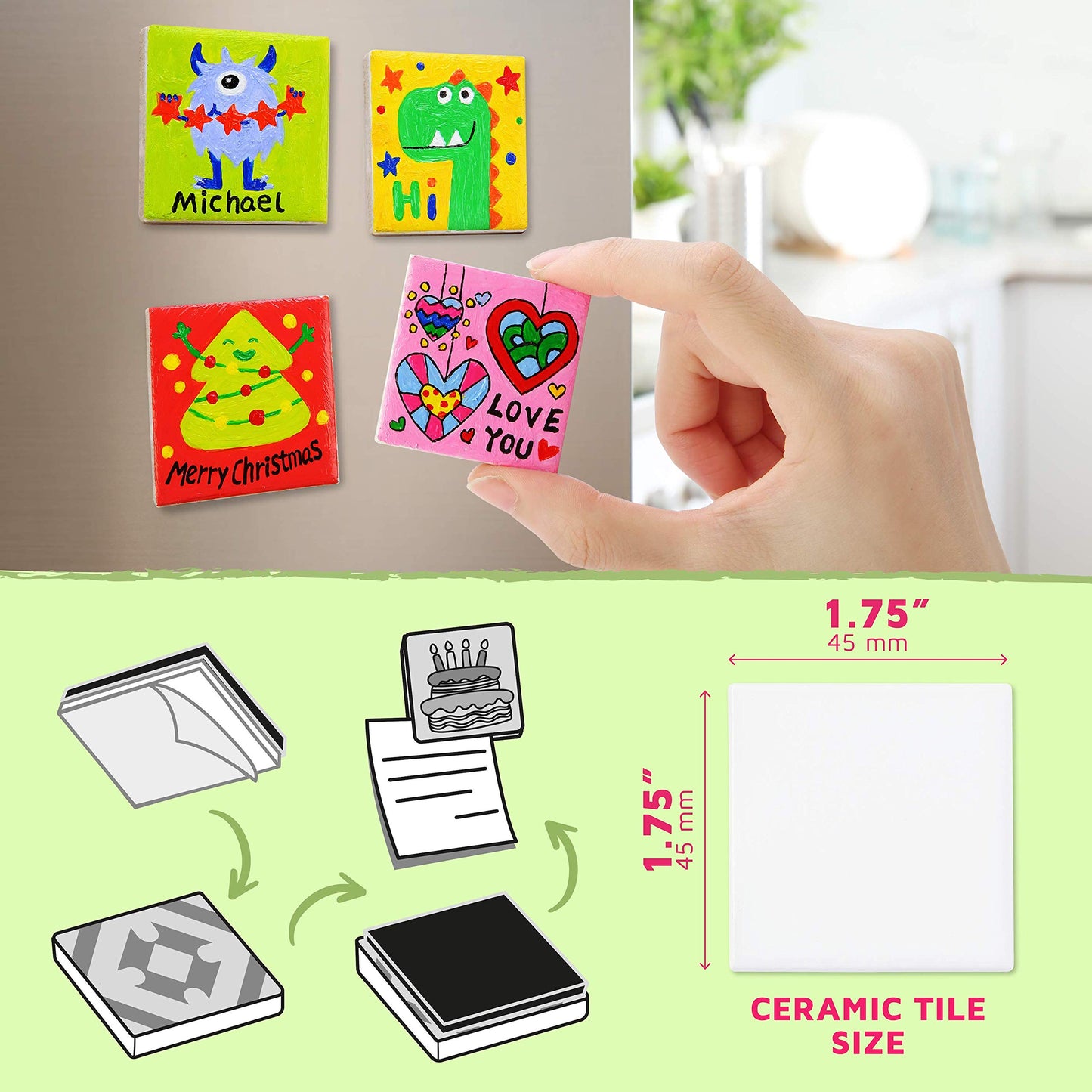 Magnetic Mini Tile Art - DIY Craft Kit; Design and Paint Magnet Tiles - Kids Paint Arts & Crafts Project; Includes 12 Tile Magnets, 8 Paint Colors, 2