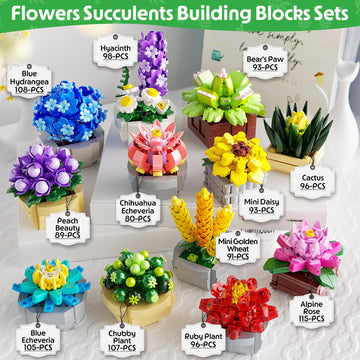 QiqoPoyee Succulents Flowers Building Set 12 Pack Botanical