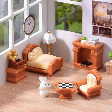 5-Piece Brown Dollhouse Furniture Kit - DIY Decoration Accessories Set, Living Room, Bedroom Furniture (Bed, Sofa, Record Player, Fireplace