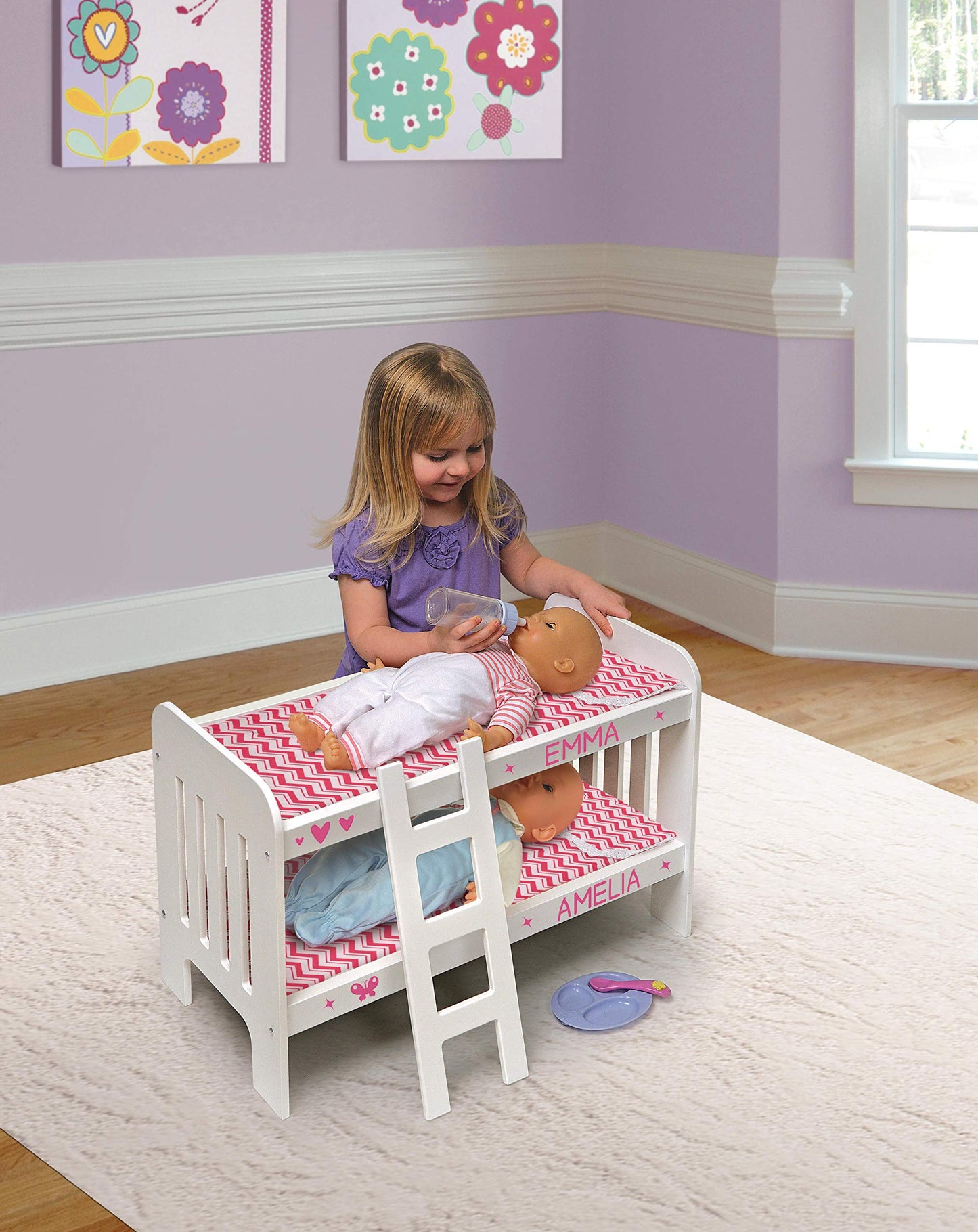 Badger Basket Chevron Doll Bunk Bed with Bedding, Ladder, and Padded Mats - Ideal for Dolls Up to 20 Inches in White and Pink