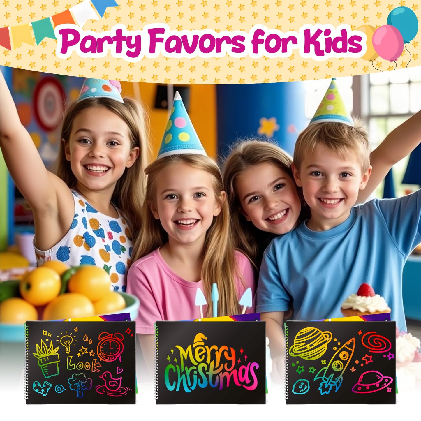 Decojoy Party Favors for Kids 4-8, Scratch Art Birthday Return Gifts, Bulk Rainbow Scratch Paper Notebook 24 Set with Reusable Stencils, Christmas