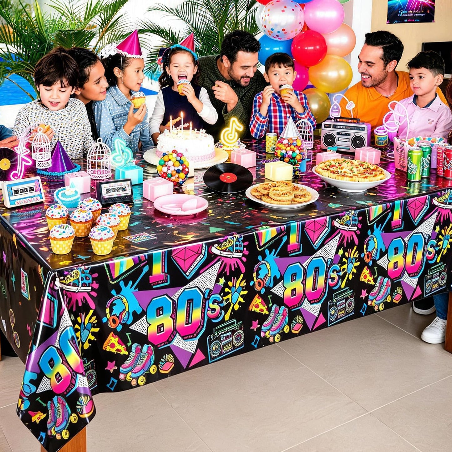 Jremreo 3 Pieces 54 x 108 Inches 80s Plastic Tablecloth, Disposable Rectangle Retro Party Table Covers, Neon Decorations for Birthday, Hip Hop