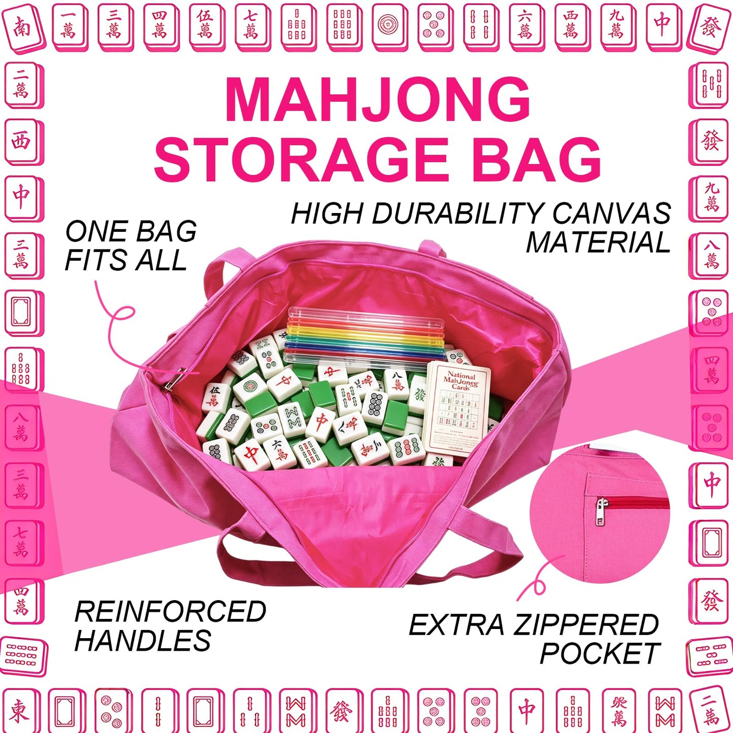 CTHMTMXS Rose Red Mahjong Bags for Tiles and Racks, 28x9 Inch Empty Mahjong Tote Bag with Zipper Closure and Outer Pockets, 16 OZ Canvas Waterproof