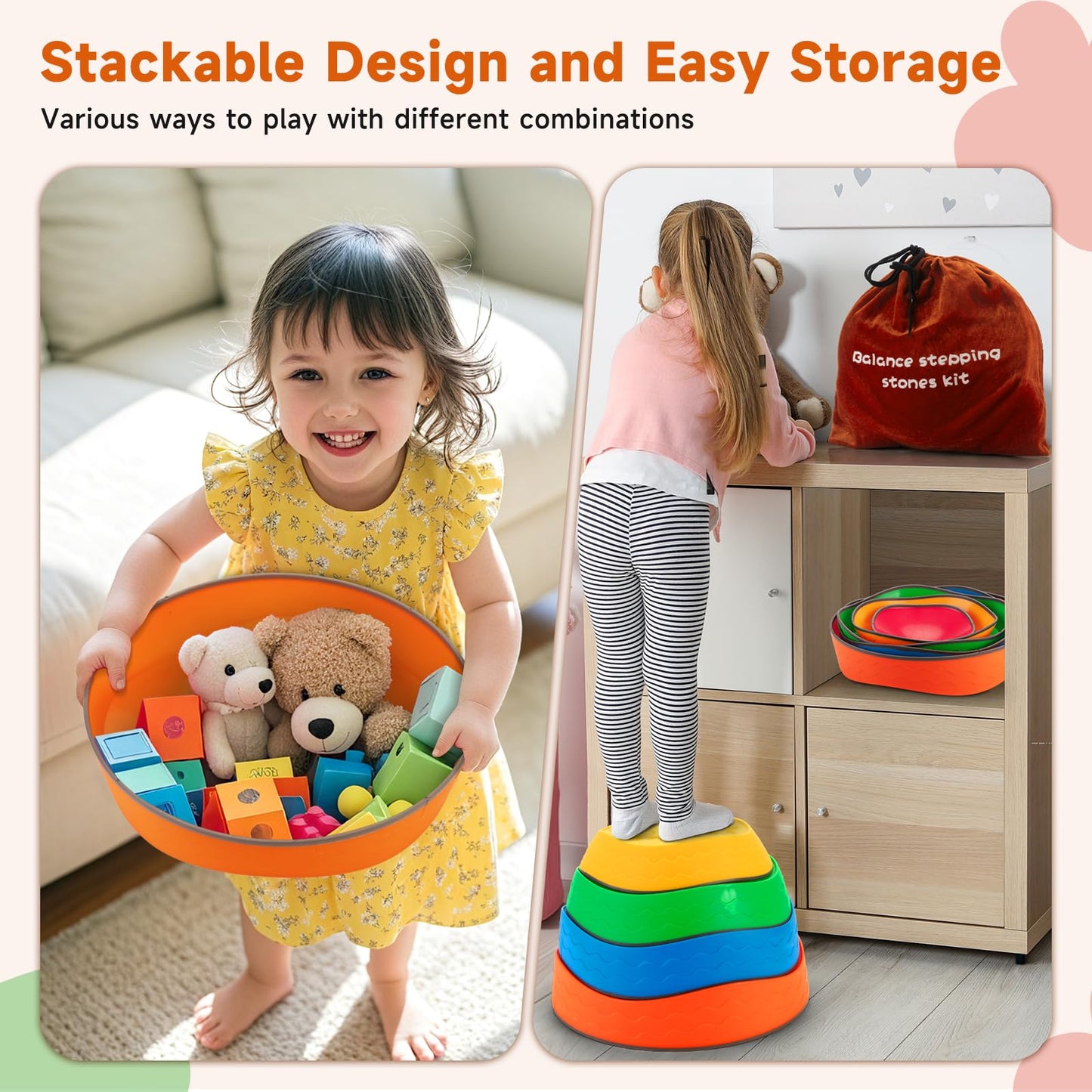 Astrell Stepping Stones for Kids - 5pcs Durable Non-Slip Toddler Stepping Stones for Promoting Toddler's Motor Balance Skills, Indoor & Outdoor