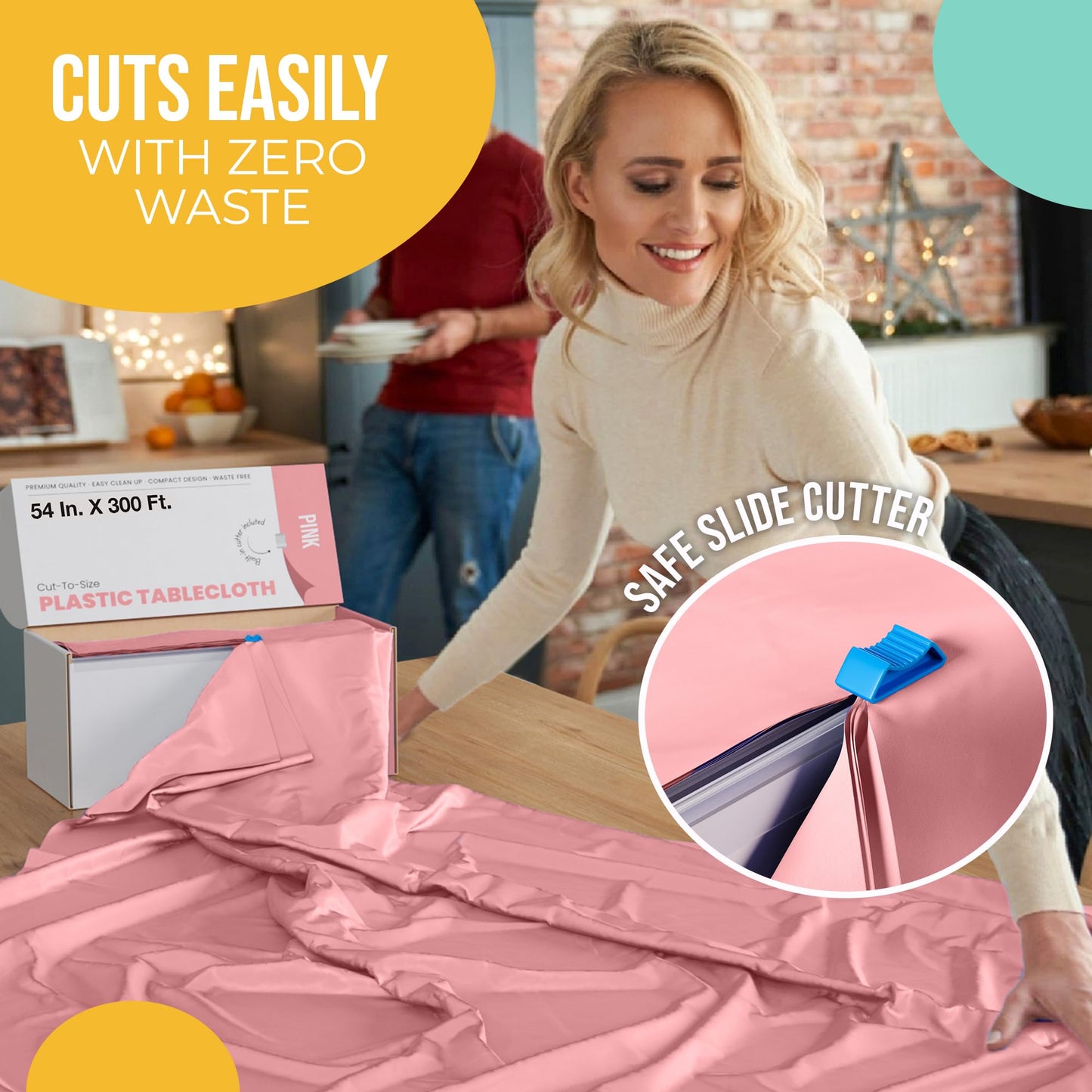 Exquisite Party Solids 54 Inch X 300 Feet Pink Plastic Table Cover Roll in A Cut - to - Size Box with Convenient Slide Cutter. Cuts Up to 36 Rectangle