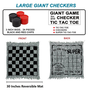 Win SPORTS 3 in 1 Giant Checkers,Mega Tic Tac Toe,Indoor Outdoor Jumbo Classic Board Games,30”Reversible Rug with 24 Checkers Pieces,Checkers Cloth