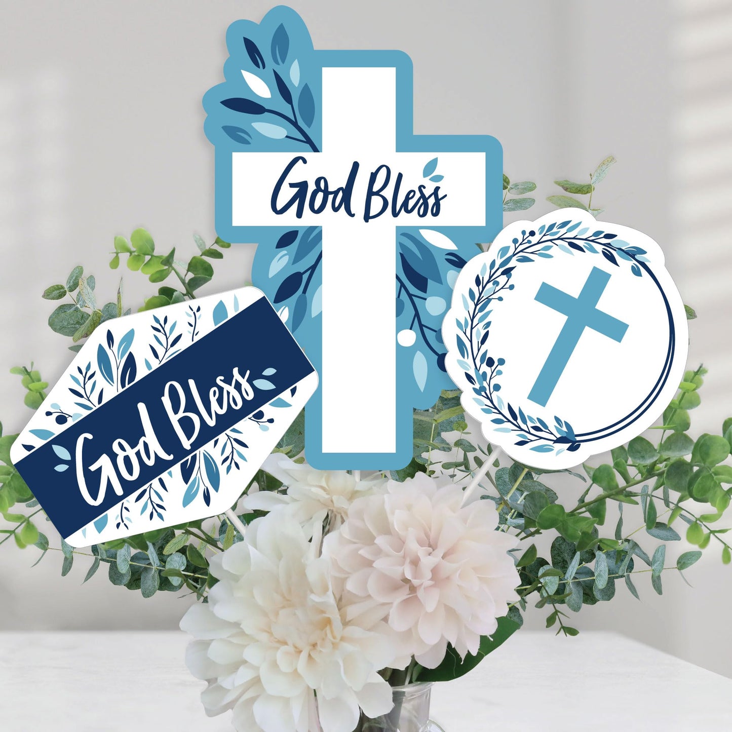 Big Dot of Happiness Blue Elegant Cross - Boy Religious Party Centerpiece Sticks - Table Toppers - Set of 15