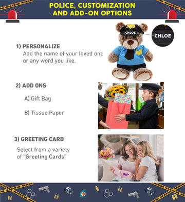DolliBu Sitting Brown Teddy Bear Stuffed Animal - Soft Sitting Stuffed Bear Plush Toy with Police Uniform and Cap Outfit, Fluffy Teddy Bear Police Toy