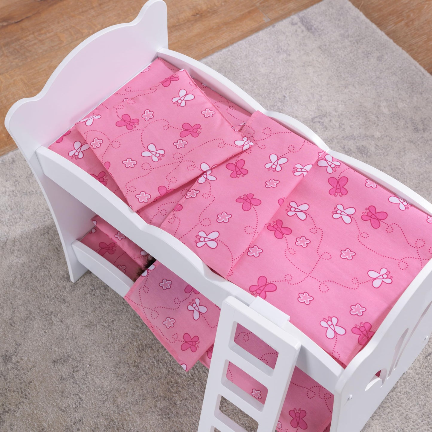 KidKraft KidKraft Wooden Lil' Doll Bunk Bed with Pink Butterfly Bedding Set, Furniture for 18-Inch Dolls - White,Gift for Ages 3+
