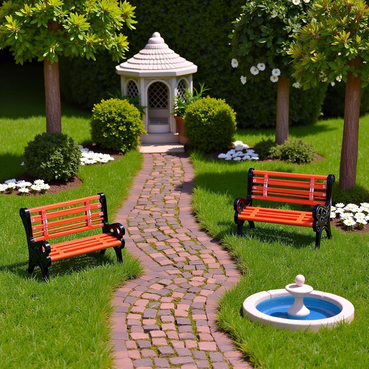 Miniature Park Bench Set 2-Pack - 1:12 Scale Brown Garden Seats with Realistic Detailing, Tiny Park Benches for Dollhouse and Fairy Garden