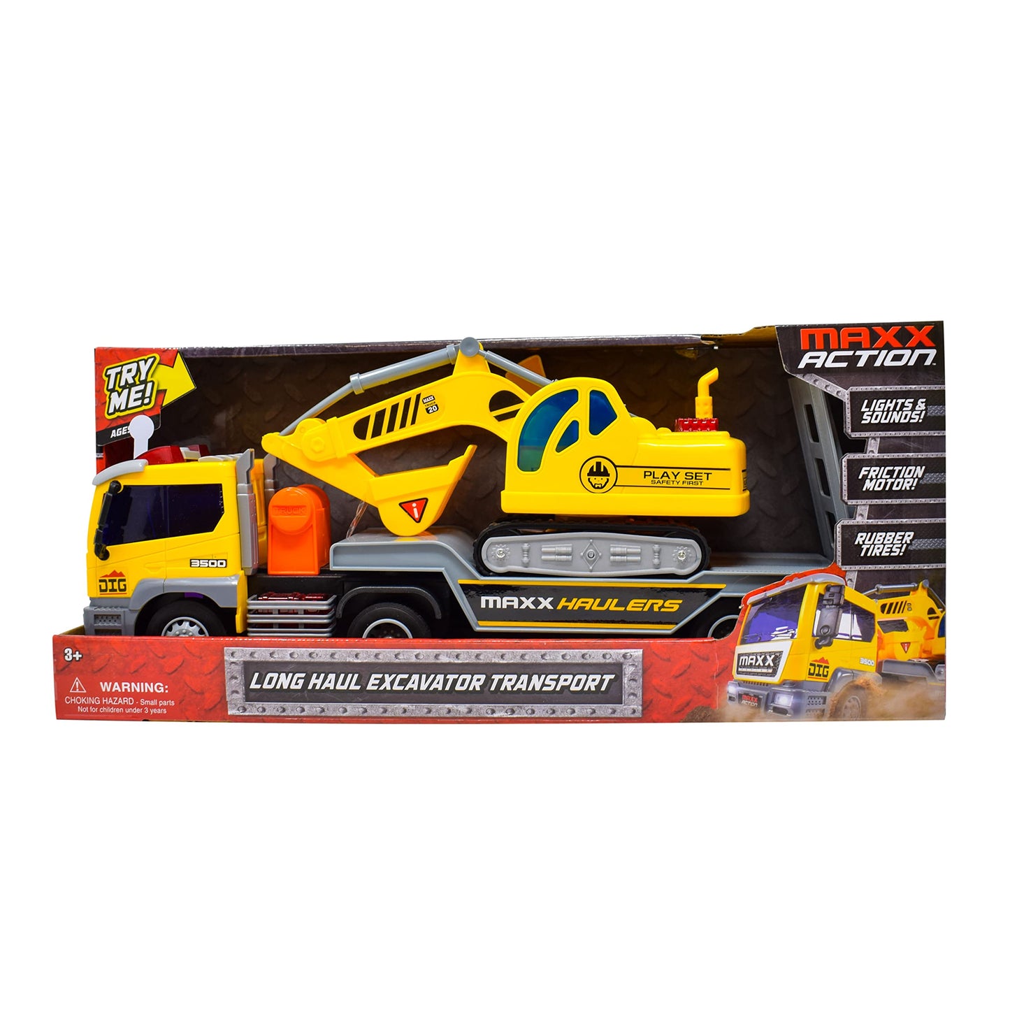 Maxx Action 17’’ Vehicle Transport with Excavator - Bright Lights and Construction Sounds | Friction Powered Trailer | 3 Piece Toy Playset for Kids |