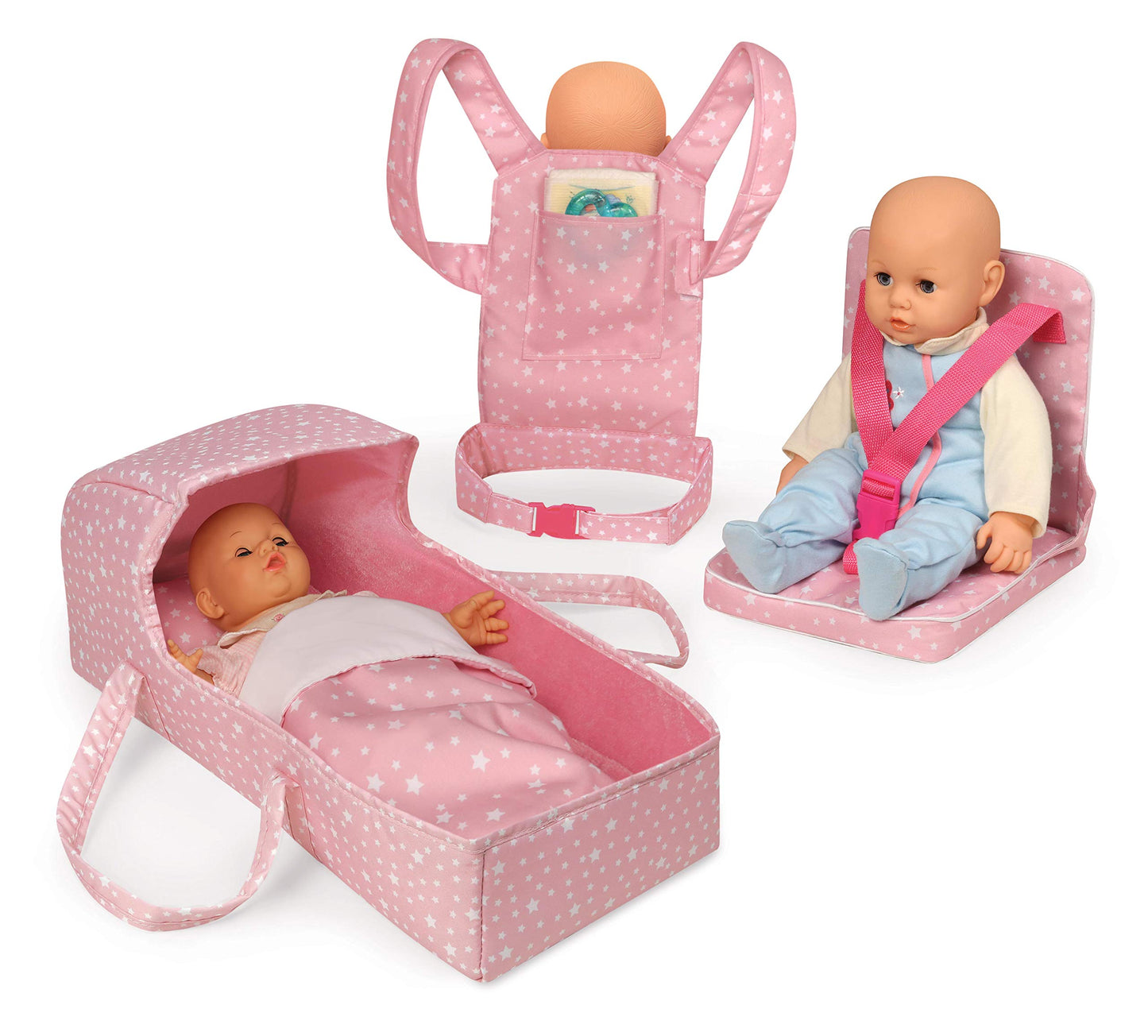 Badger Basket First Class 5-Piece Doll Travel Set for 18-Inch Dolls - Includes Travel Bed, Carrier, Reversible Blanket, and Accessories in Pink Stars