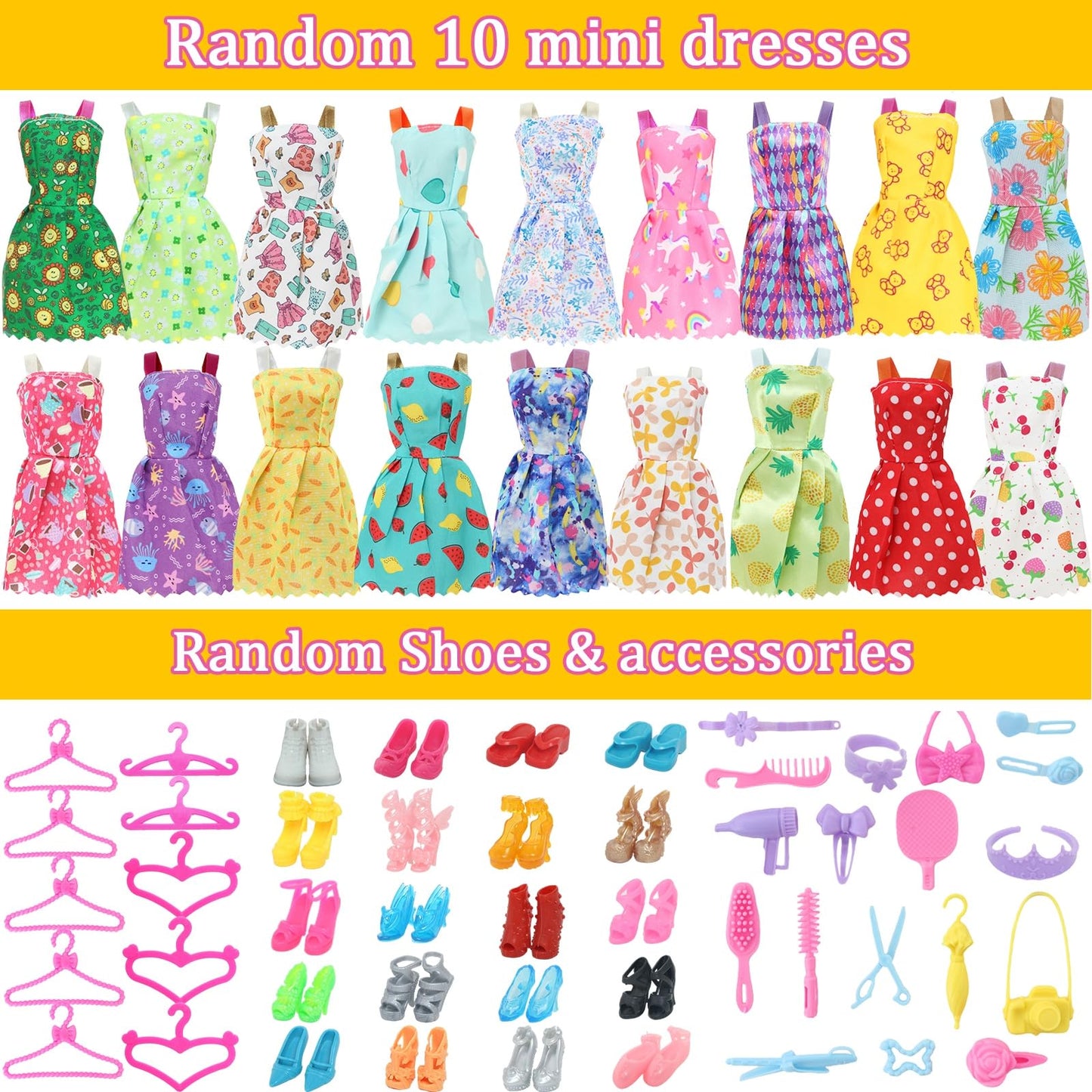 60pcs Doll Clothes and Accessories Fashion Dress Wedding Gowns, Daily Tops Pants Outfits Jumpsuit Swimsuits Bikini, 10 Mini Dresses Skirts, Shoes
