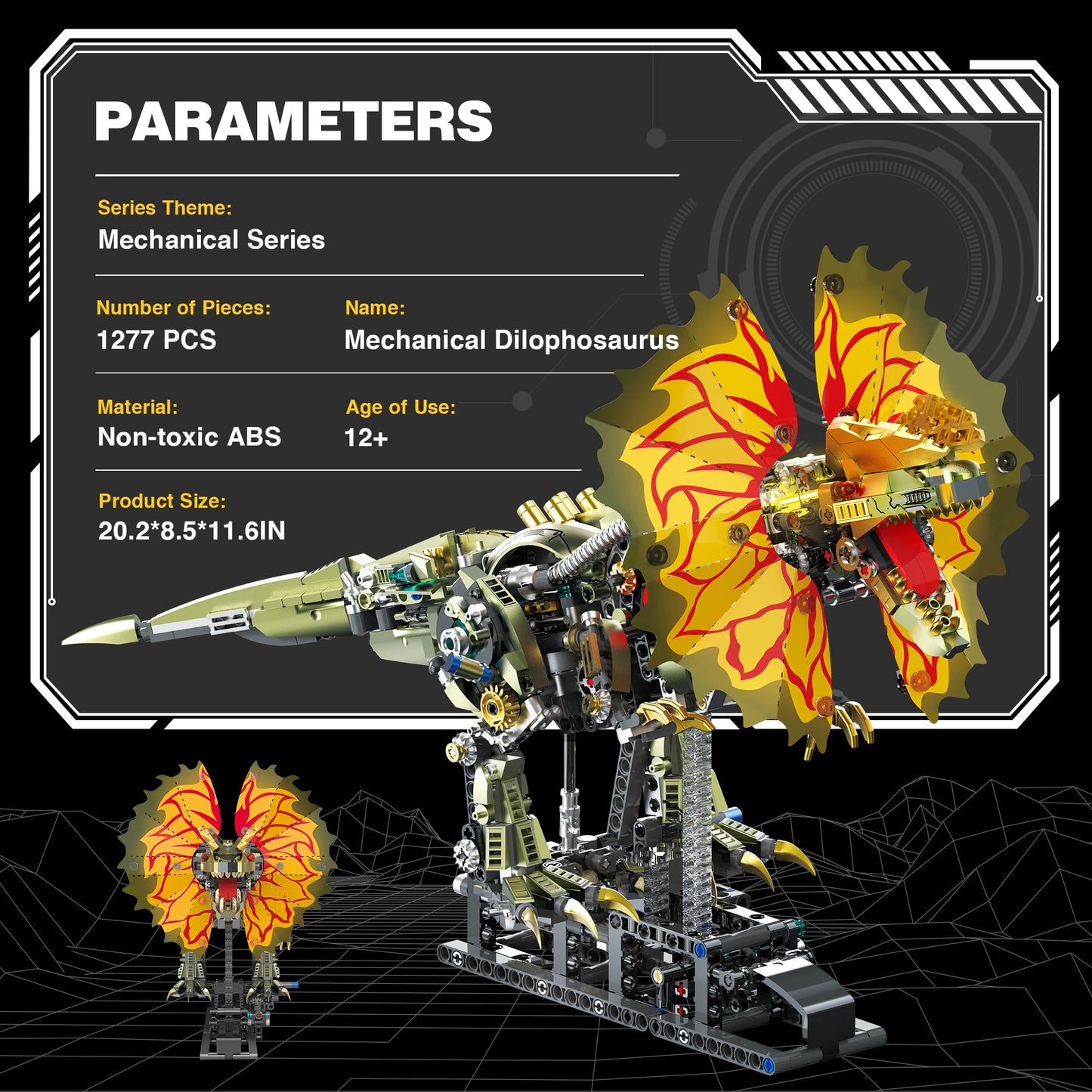 OrbBlaster Mechanical Dilophosaurus Building Set, Technic Dinosaur Model with Manual Linkage & LED Eyes, Steampunk Robot Collectible, Creative STEM