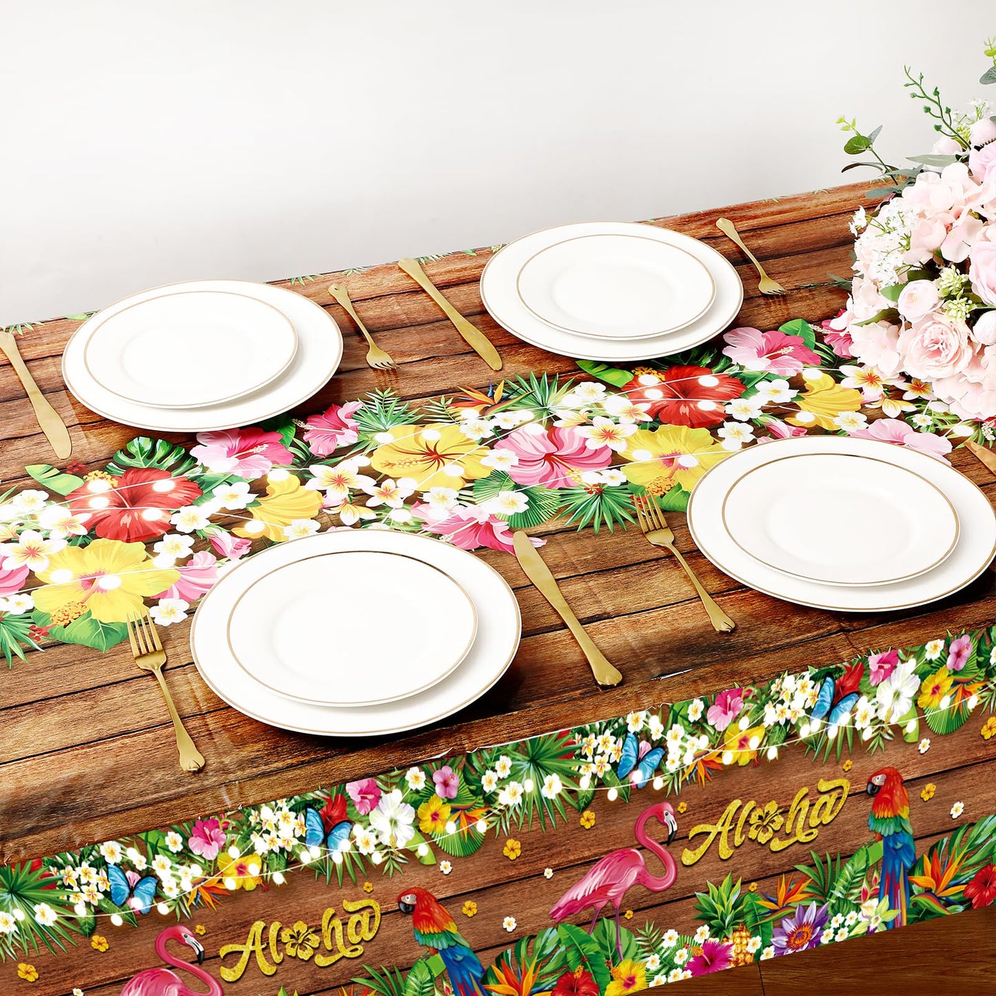 Tatuo 3 Pcs Hawaiian Tablecloths Tropical Luau Tiki Table Covers Summer Party Decoration Palm Leaves Plastic Rectangular Aloha Flower Tablecloth