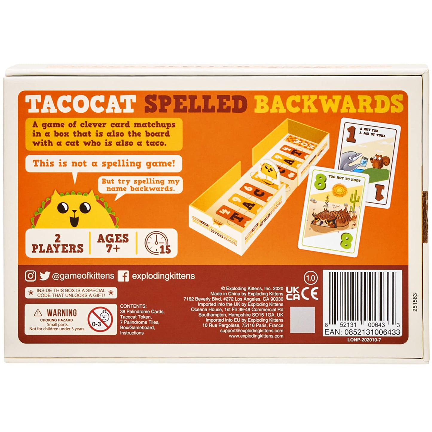 Exploding Kittens Tacocat Spelled Backwards 2 Players - Ages 7+ - 15 Minutes to Play - Clever Family Board Game - Couples Game, Family Game Night, Kid