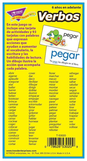 Trend Enterprises: Verbos (Spanish Action Words) Skill Drill Flash Cards, Grow Spanish Fluently, Illustraions with Words & Sample Sentence, 94 Cards