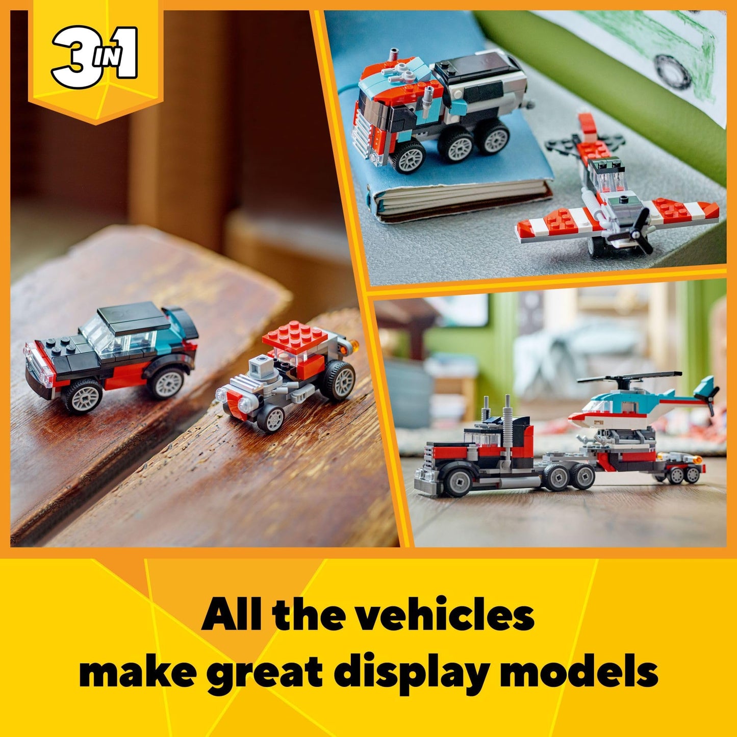 LEGO Creator 3 in 1 Flatbed Truck with Helicopter Toy, Transforms from Flatbed Truck Toy to Propeller Plane to Hot Rod and SUV Cars, Gift Idea