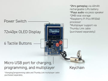 TinyCircuits | Thumby Programmable Game Console Keychain - Retro Gaming Fun Mini-Console, STEM Learning, USB Rechargeable, 5 Preloaded Games (Clear)