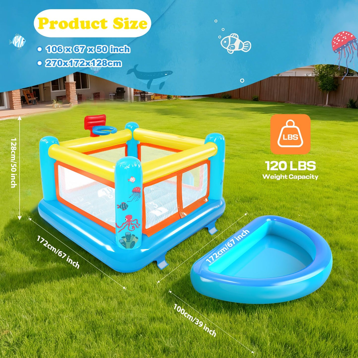 AKEYDIY Bounce House for Kids 3-6, Indoor/Outdoor Inflatable Bouncy Castle with Removable Ball Pit, Hopscotch Game, Basketball Hoop & Air Blower