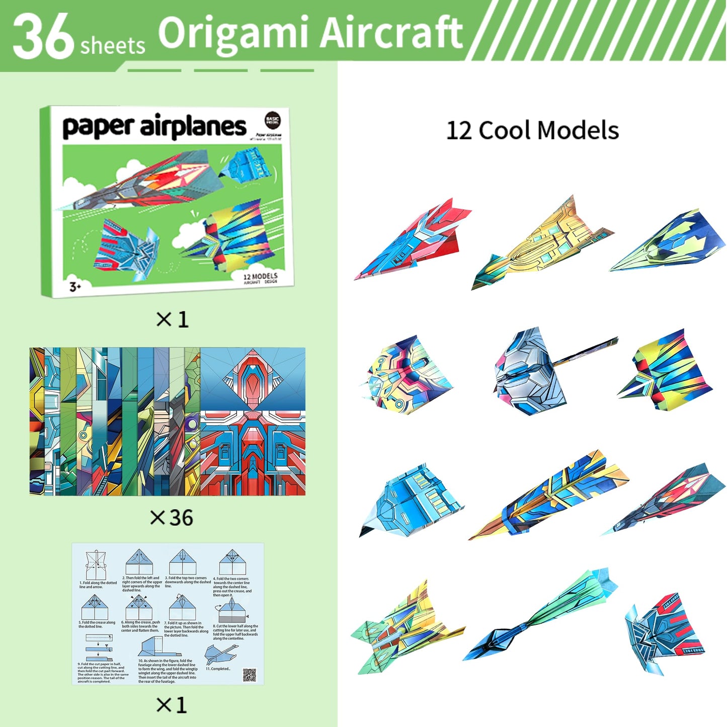 Vexorith Paper Airplane Kit for Kids Ages 8-12, 5-8 - 36 Designer Origami Papers with 12 Flying Plane Styles, STEM Craft & Educational Toy Gift