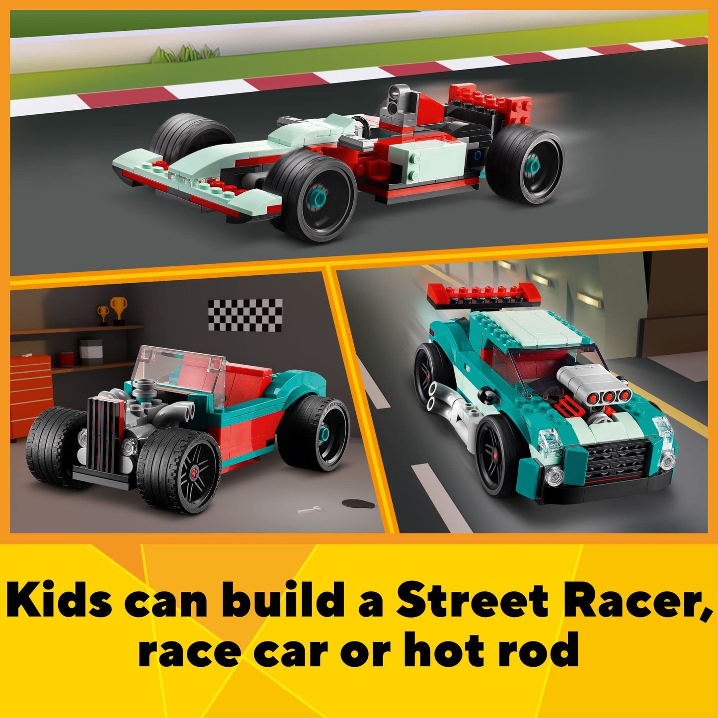 LEGO Creator 3 in 1 Street Racer Car, Rebuildable Kit Transforms to a Muscle Car, Hot Rod, or Race Car Toy, Great Model Car Toy Gift for Boys and