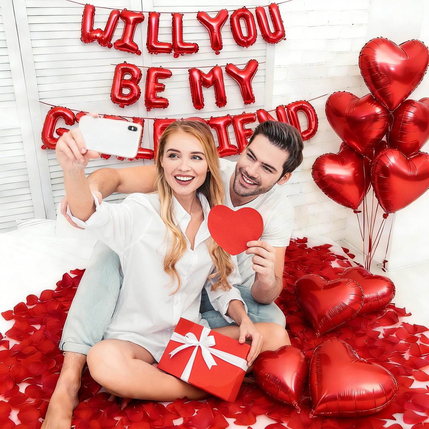 16 Inches Red 'WILL YOU BE MY GIRLFRIEND' Proposal Letter Balloons with Heart-Shaped Foil Balloons and Rose Petals for Romantic Special Night