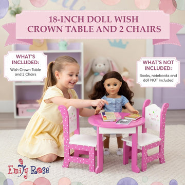 Emily Rose Wish Crown 18 Inch Doll Pink Dining Set Wooden Table & 2 Chairs