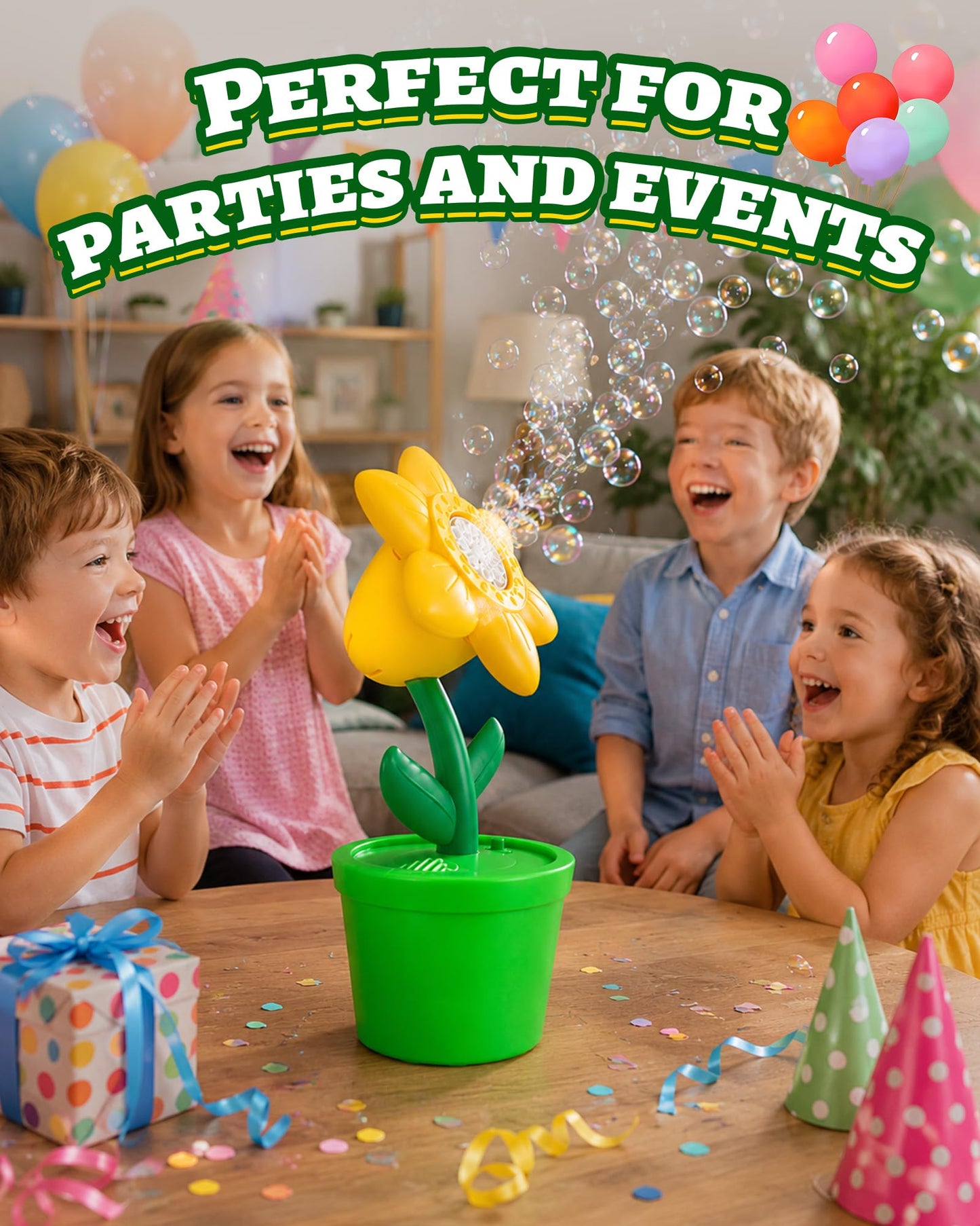 Flower Bubble Machine Automatic Bubble Maker with LED Lights and Music,Portable Bubble Machine for Garden Party, Wedding,Outdoor Picnic Summer Yard