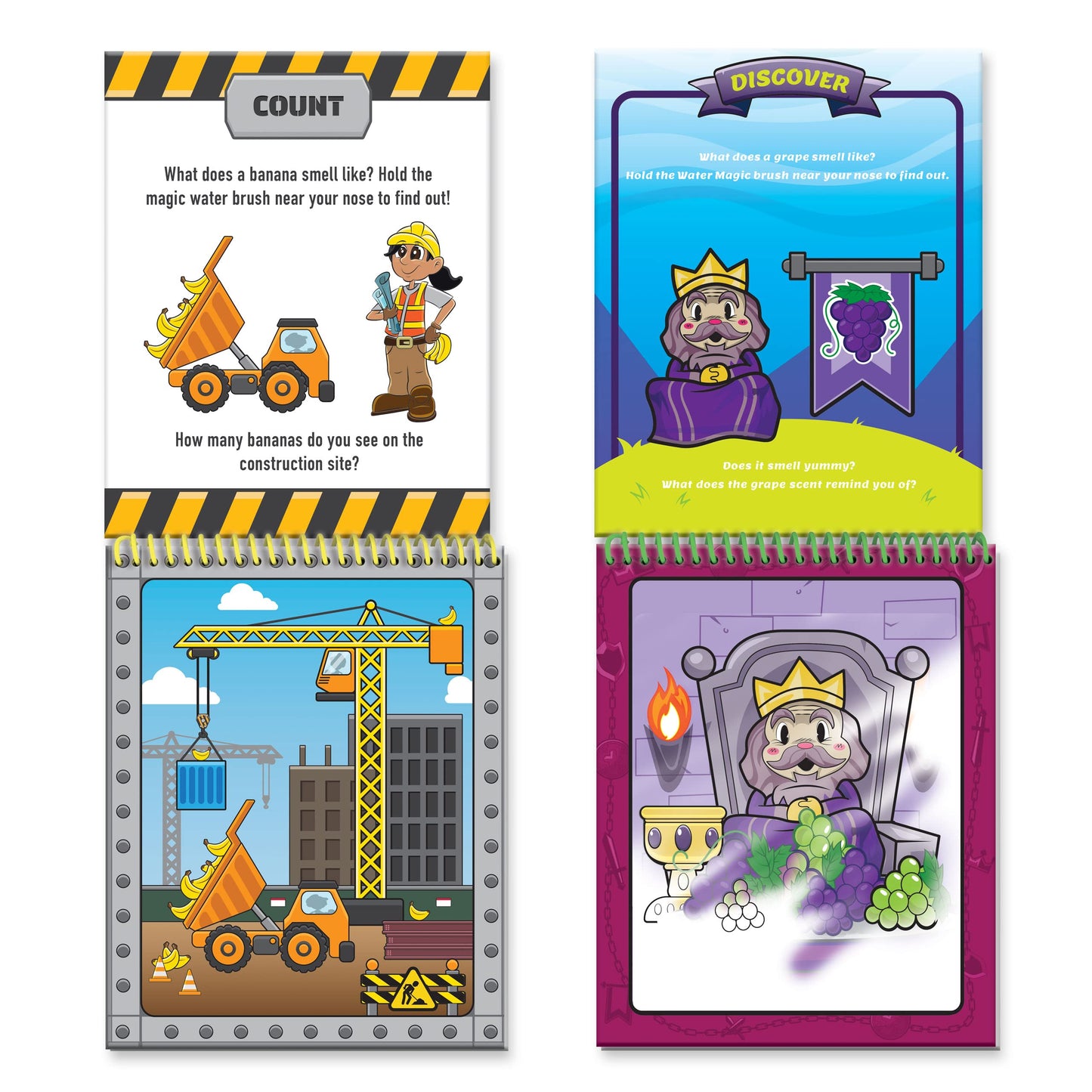 Scentco Water Magic - Patented Gourmet Scented Reusable Water Reveal Activity Books - No Mess, All Fun (Grape Kingdom and Construction)