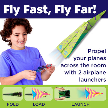 Creativity for Kids Paper Airplane Kit - Stunt Squadron Neon Glow, Makes 70 Paper Airplanes and 2 Plane Launchers, STEM Birthday or Summer Activities