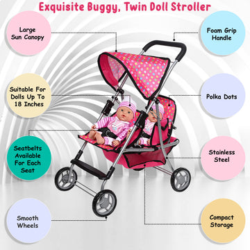 Twin Doll Stroller - Pretend Play Stroller for Dolls - Toy Stroller with Storage Basket for Baby Doll Accessories Set