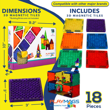 Playmags Magnetic Tiles, 18Pcs Magnetic Building Bricks, Exclusive Magnetic Blocks, Skill Development, Ages 3+ (Small Bricks Tiles)